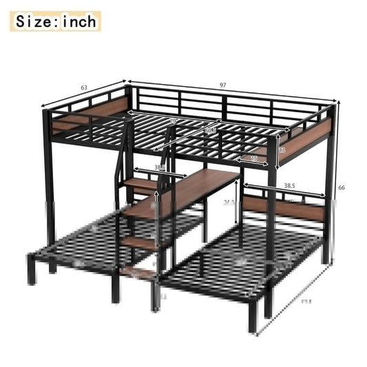 Queen Over Twin Over Twin Metal BunkBed with Storage Stairs and Shelves, 3-in-1 Triple Bunk Bed with Headboard, Space Saving, fo