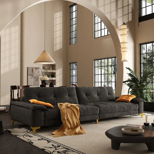 104.7" sectional Couch, mid-Century Modern 4-Seater Comfy Cloud Couch for Living Room Office, Button Tufted upholstered Metal Le
