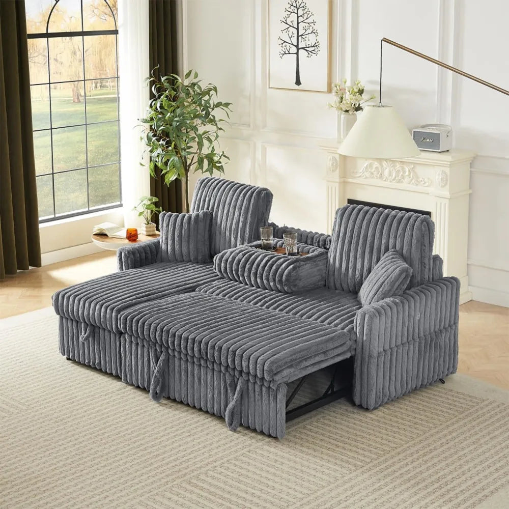 Sleeper Sofa Bed, 81” Pull Out Couch for Living Room with Reversible Storage Chaise, 3 in 1 L-Shaped Couch with Charging Station