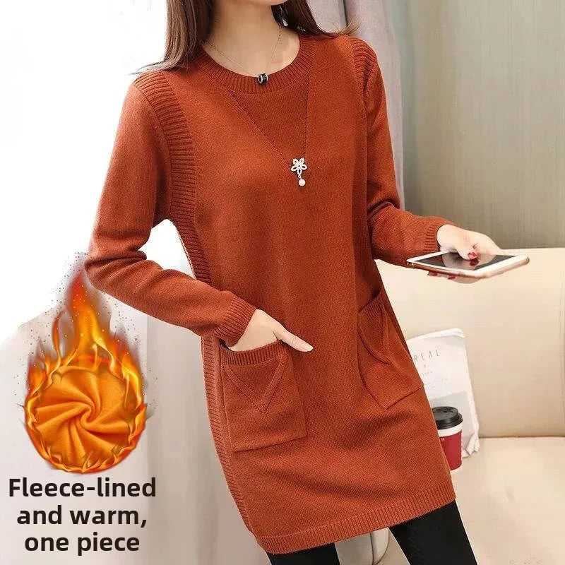 2024 New Style Korean Version Loose-Fit Medium-Length Knit Base Layer Top Women's Pullover Sweater Skirt Fleece-Lined Thickened
