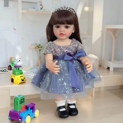 1PC realistic and beautiful reborn doll girl, 22-inch cute baby full-body soft band wig blue set gift box suitable for children,