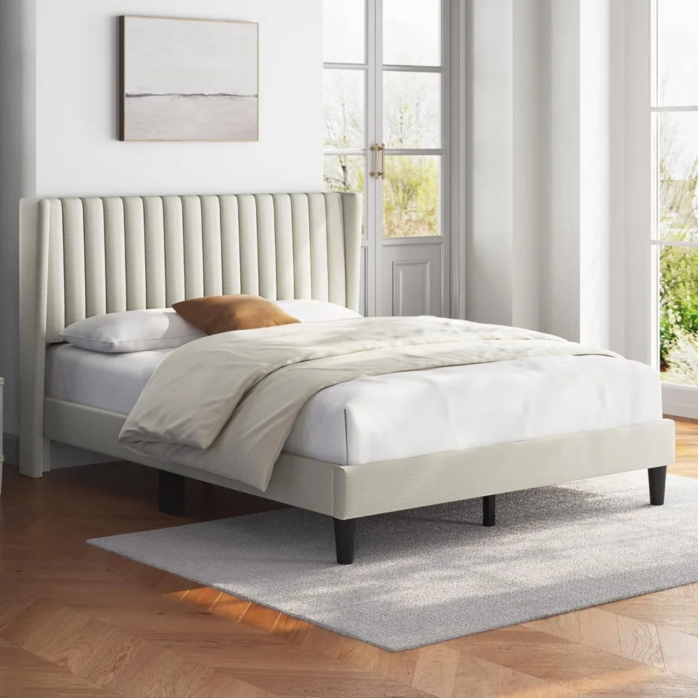 Queen Upholstered Platform Bed - Fabric Headboard with Wing Edge Design | Wooden Slats Support, Non-Slip & Noise-Free