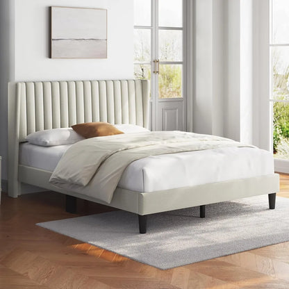 Queen Upholstered Platform Bed - Fabric Headboard with Wing Edge Design | Wooden Slats Support, Non-Slip & Noise-Free