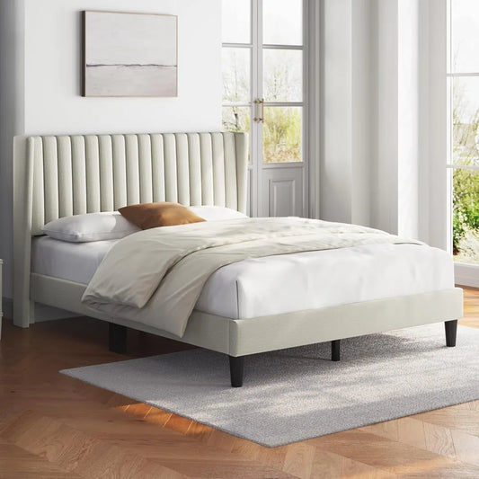 Queen Upholstered Platform Bed - Fabric Headboard with Wing Edge Design | Wooden Slats Support, Non-Slip & Noise-Free