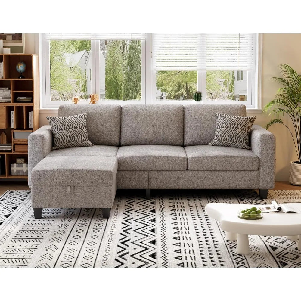 Sectional Couches for Living Room 78" Convertible L Shaped Couch with Storage Ottoman 3 Seater Modern Linen Fabric Sofas