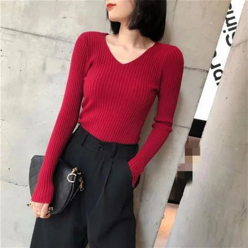 2025 Autumn Winter Women Solid Rib Knit V Neck Stripe Pull Sweater Femme Long Sleeve Pullover Jersey Tops Fashion Clothes Y2k