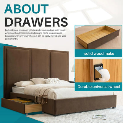 King Size Bed Frame with 64-inch High Headboard, Simple and Airy Linen Upholstered Platform Bed with Storage, Customized