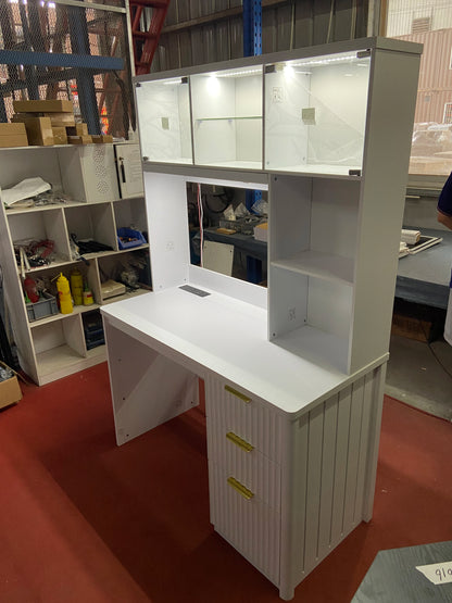 JDPAG LED Study Desk with Hutch & Storage Cabinet, 47" Home Office Desk with Outlet and 3 Color LED，Writing Desk for Bedroom