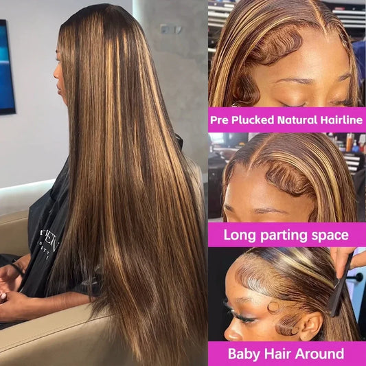 200 Density P4/27 Highlight Full Frontal Lace Preplucked Colored Straight Frontal Wig 36Inch HD Transparent Lace Human Hair Wigs