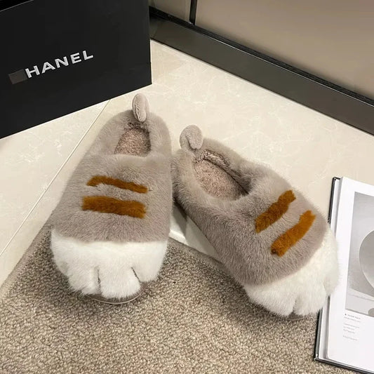 New Adorable Kitty Claw Slippers Women's Home Shoes Non Slip Furry Mules Female Fashion Warm Fluffy Slides Outdoor Cat Slippers