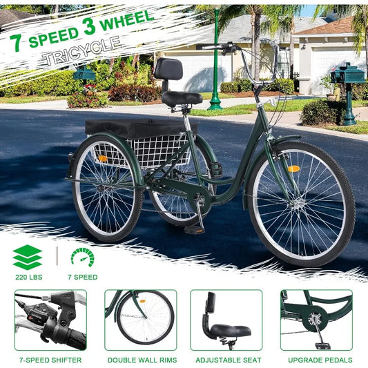 Adult Tricycle Bike 7 Speed 24/26 Inch 3 Wheel Bikes for Adults Stable and Comfortable Cruiser Trike for Women/Men/Seniors Idea
