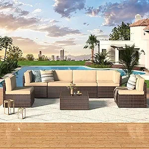 U-MAX 7 Piece Outdoor Patio Furniture Set, PE Rattan Outdoor Wicker Sectional Furniture Chair Set with Cushions and Tea Table, B