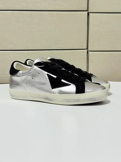 Spring Summer Fashion Casual Low-top Shiny Shoelaces Shoes Women's Round Toe Patchwork Diamond Heel Flat Bottom Sports Shoes