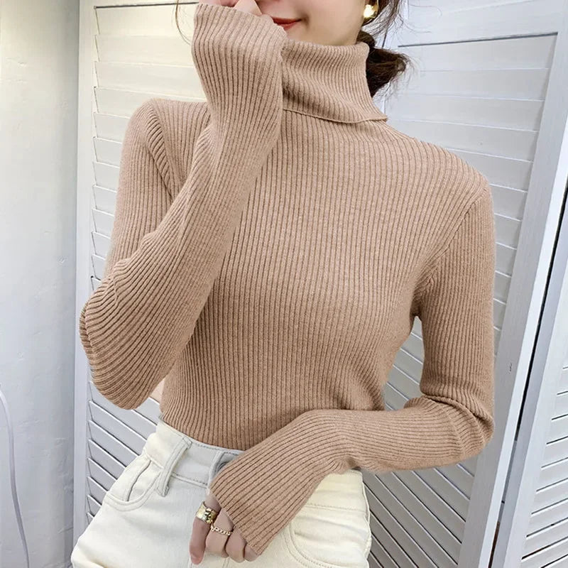 Women Solid Color Long Sleeves Turtleneck Knitted  Sweater Basic Soft Pullovers Simple Elegant Fashion New