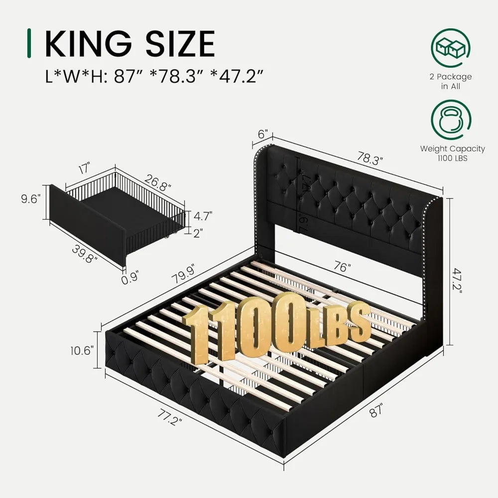 King Size Platform Bed Frame with Storage Drawers, Tufted Velvet Headboard, Easy Assembly, Black
