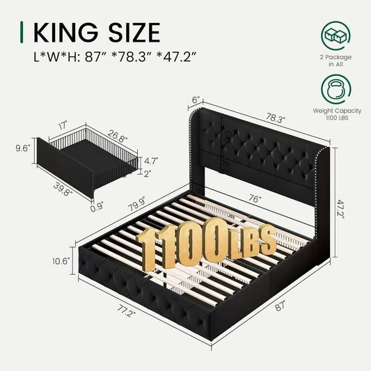 King Size Platform Bed Frame with Storage Drawers, Tufted Velvet Headboard, Easy Assembly, Black