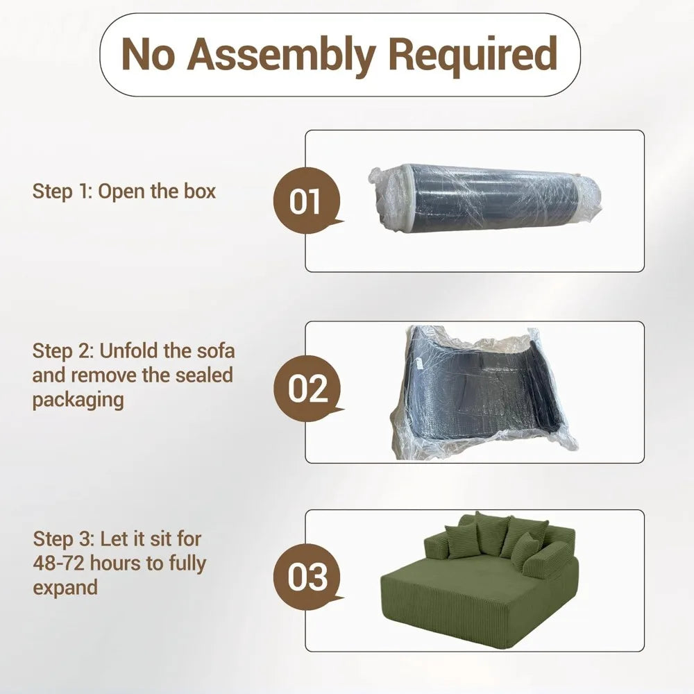 58" Chaise Lounge Chair Indoor, Green - Oversized Corduroy Boneless Sleeper Sofa Bed with Armrests and 4 Pillows, No Assembly