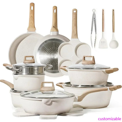 21Pcs Pots and Pans Set, Nonstick Cookware Sets, White Granite Induction Cookware Non Stick Cooking Set w/Frying Pans