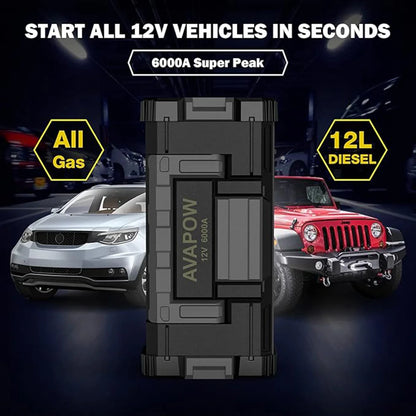 AVAPOW 6000A Car Battery Jump Starter Powerful Car Jump Starter with Dual USB Quick Charge and DC Output,Built-in LED  Light