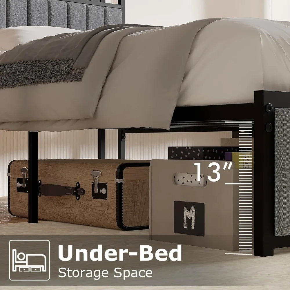 Twin Size Bed Frame with Upholstered Headboard, Sturdy Steel Slats, Easy Assembly in Grey & Black