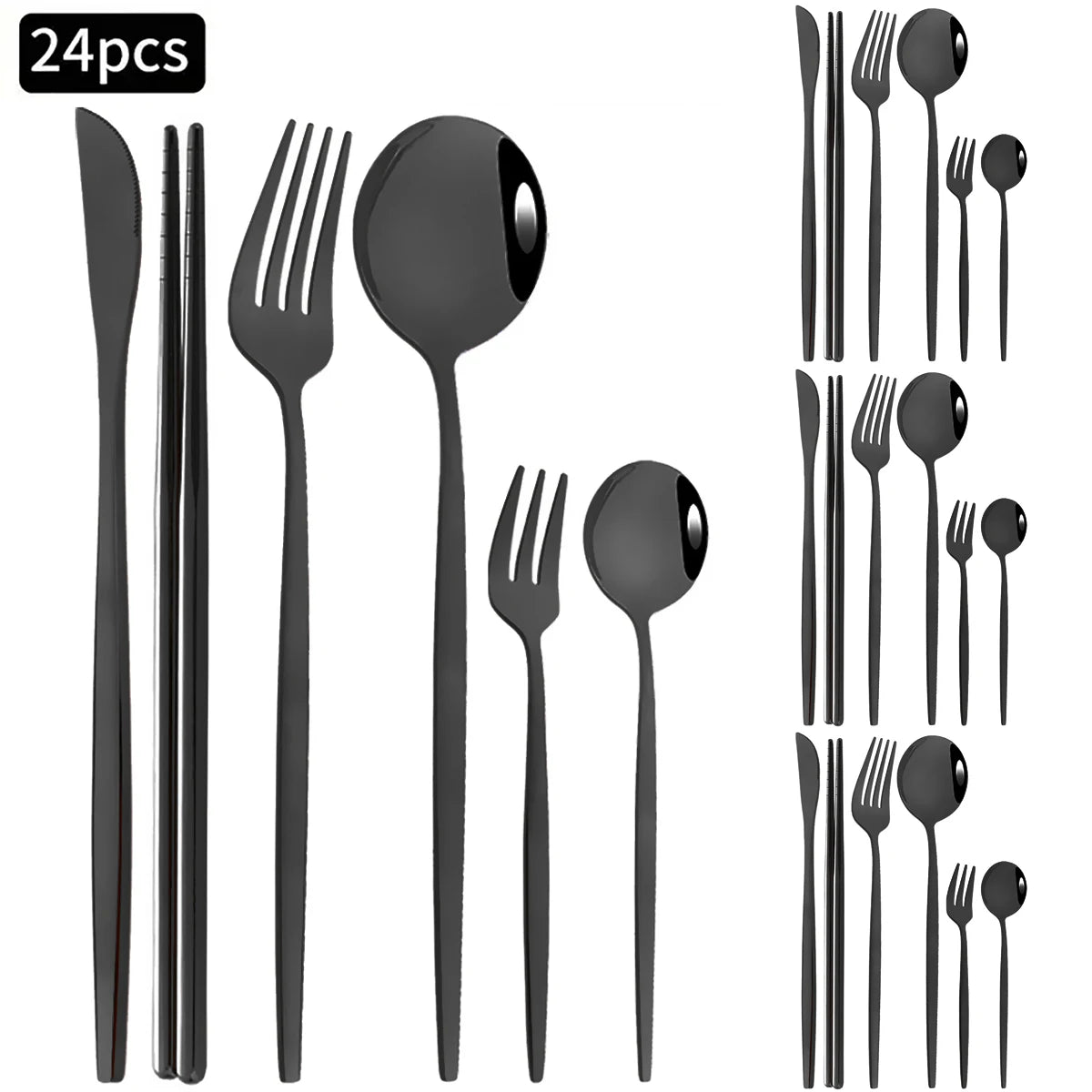 24pcs Silver Stainless Steel Cutlery Set Mirror Dinnerware Set Fork Knife Spoon Chopsticks Tableware Teaspoon Cake Fork Flatware