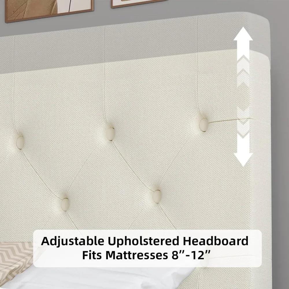 Bed Frame with Headboard, Linen Fabric Upholstered Platform Bed Frame, Button Tufted Bed Frame , Customized