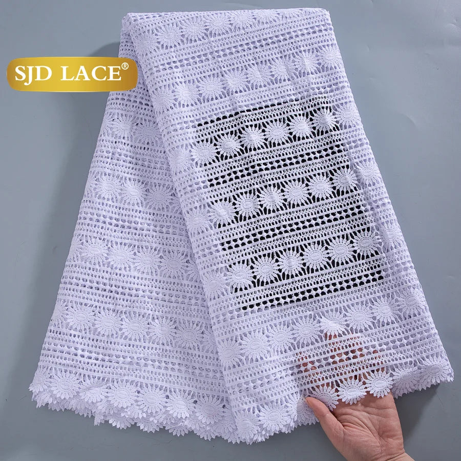 SJD LACE African Sequins Guipure Cord Lace Fabrics 5 Yards White 2025 New Nigerian Water Soluble Lace For Women Dresses Sew 4197