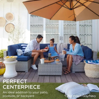 7-piece modular outdoor sectional wicker patio conversation set w/ 2 pillows, coffee table, cover included - natural/gray