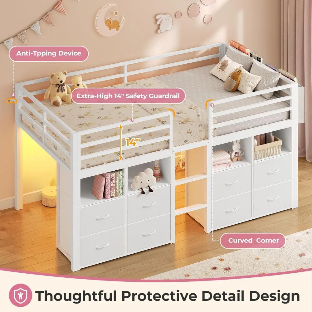 Low Loft Bed Twin Size with Storage Drawers, Bookcase, LED Lights, Safety Guardrail, Under-Bed Play Space
