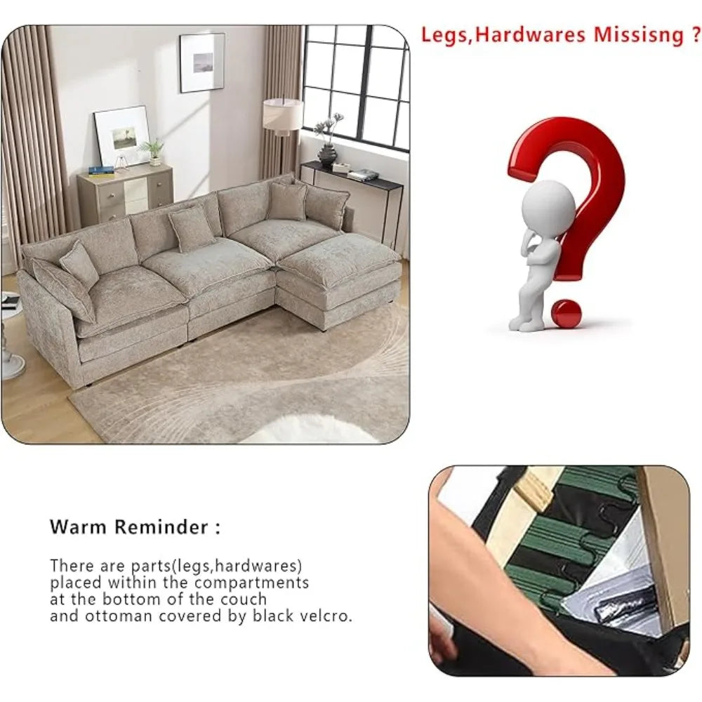 112.2" L-Shaped Cloud Couches | Deep 3 Seater Couch with Ottoman | Soft Chenille Cloud Sofa for Cozy Living Room,Customized