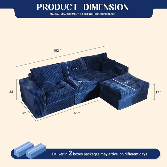 102" L-Shape Modular Sectional Sofa Deep Seat Corduroy Comfy Couch Ottoman Living Room Set, Customized