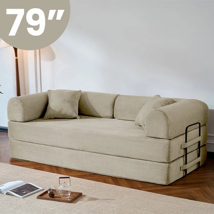 79’’ Folding Convertible Sofa Bed Corduroy Upholstered Boneless Couch, Loveseat Sleeper Floor Sofa for Living Room Bedroom