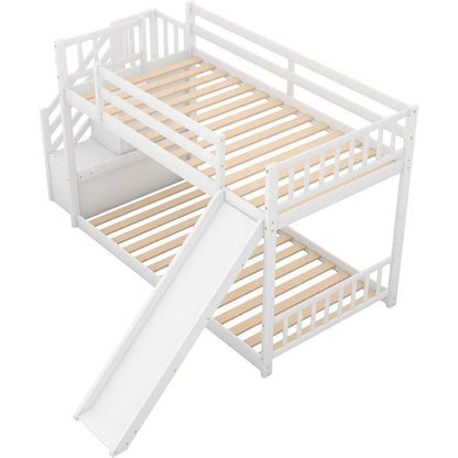 SOFTSEA Twin Over Twin Low Bunk Beds with Slide and Stairs, No Box Spring Needed