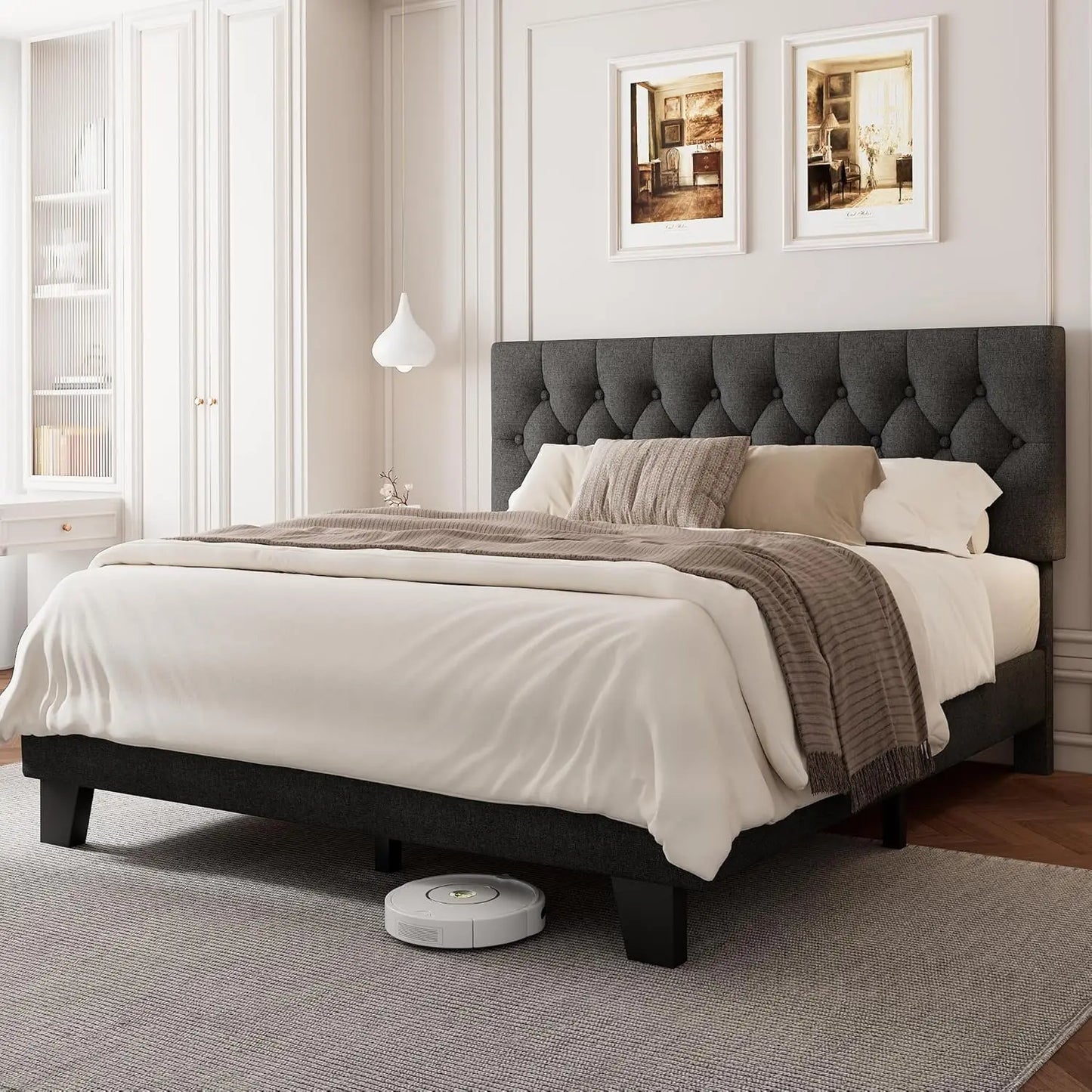 Upholstered Bed Frame with Headboard, Button Tufted Linen Bed Base, Platform Bed with Wood Slat, Heavy Duty,, Customized