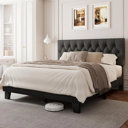 Upholstered Bed Frame with Headboard, Button Tufted Linen Bed Base, Platform Bed with Wood Slat, Heavy Duty,, Customized
