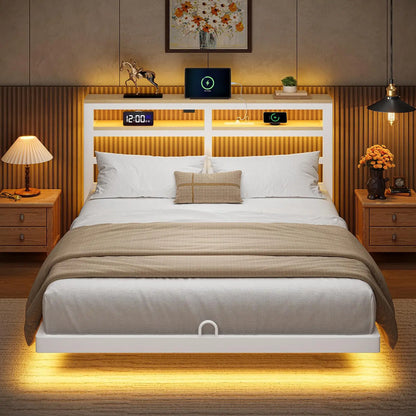 Floating Bed Frame Queen Size with Storage Headboard,Modern Metal Platform with Smart LED Lights and Charging, Customized