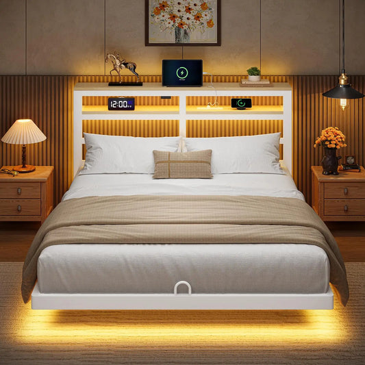 Floating Bed Frame Queen Size with Storage Headboard,Modern Metal Platform with Smart LED Lights and Charging, Customized