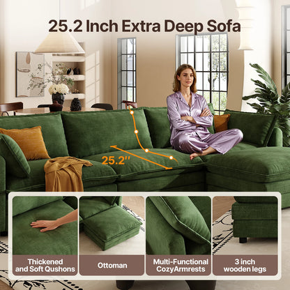 111.5" L Shaped Modern Sofa Modular Sectional Cloud Couch with Ottoman, 4-Seat Chenille Deep Seat Sofa with Pillow for Living Ro