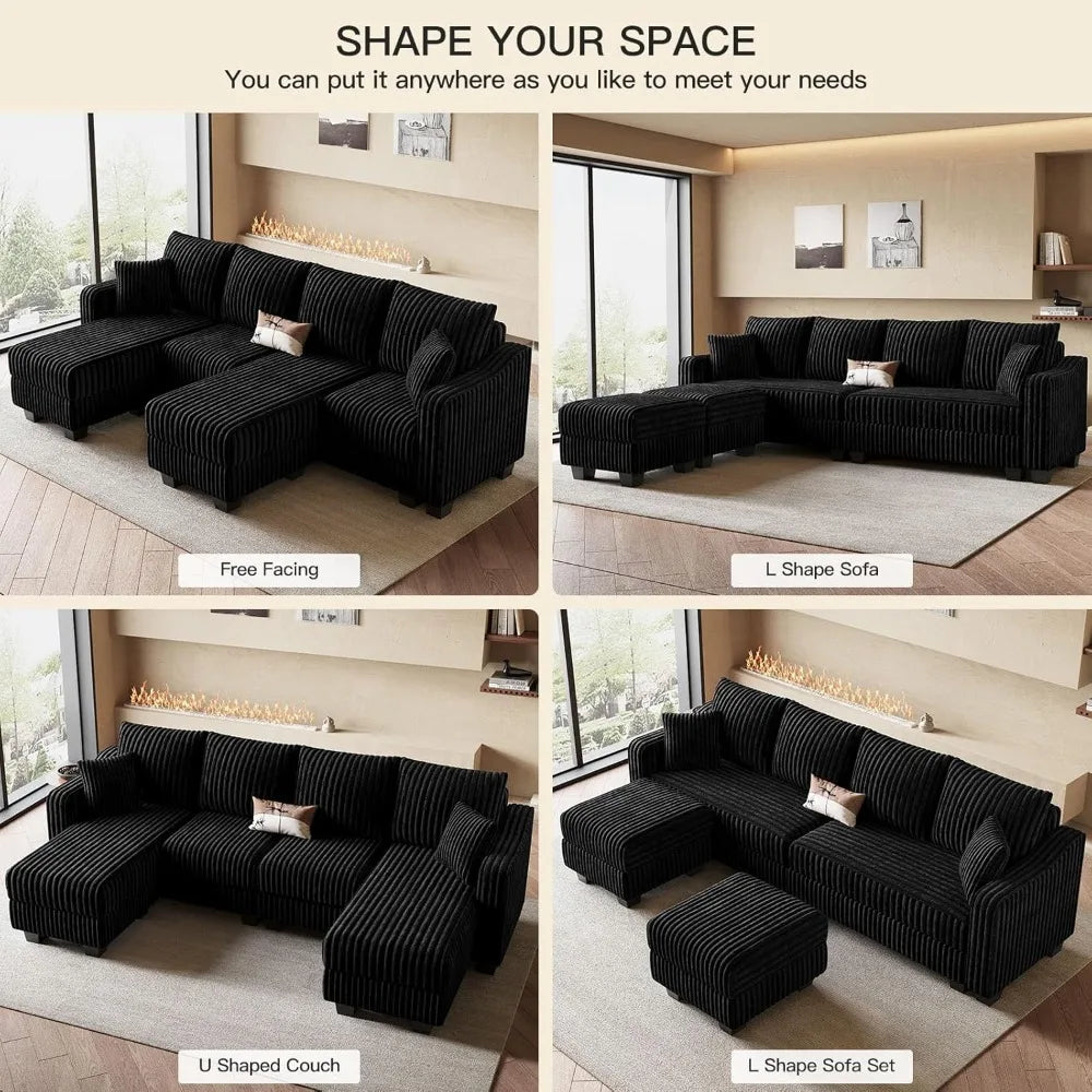 U-Shaped Sectional Sofa with Reversible Chaises & Ottomans, Corduroy Fabric, Black - Spacious Living Room Couch