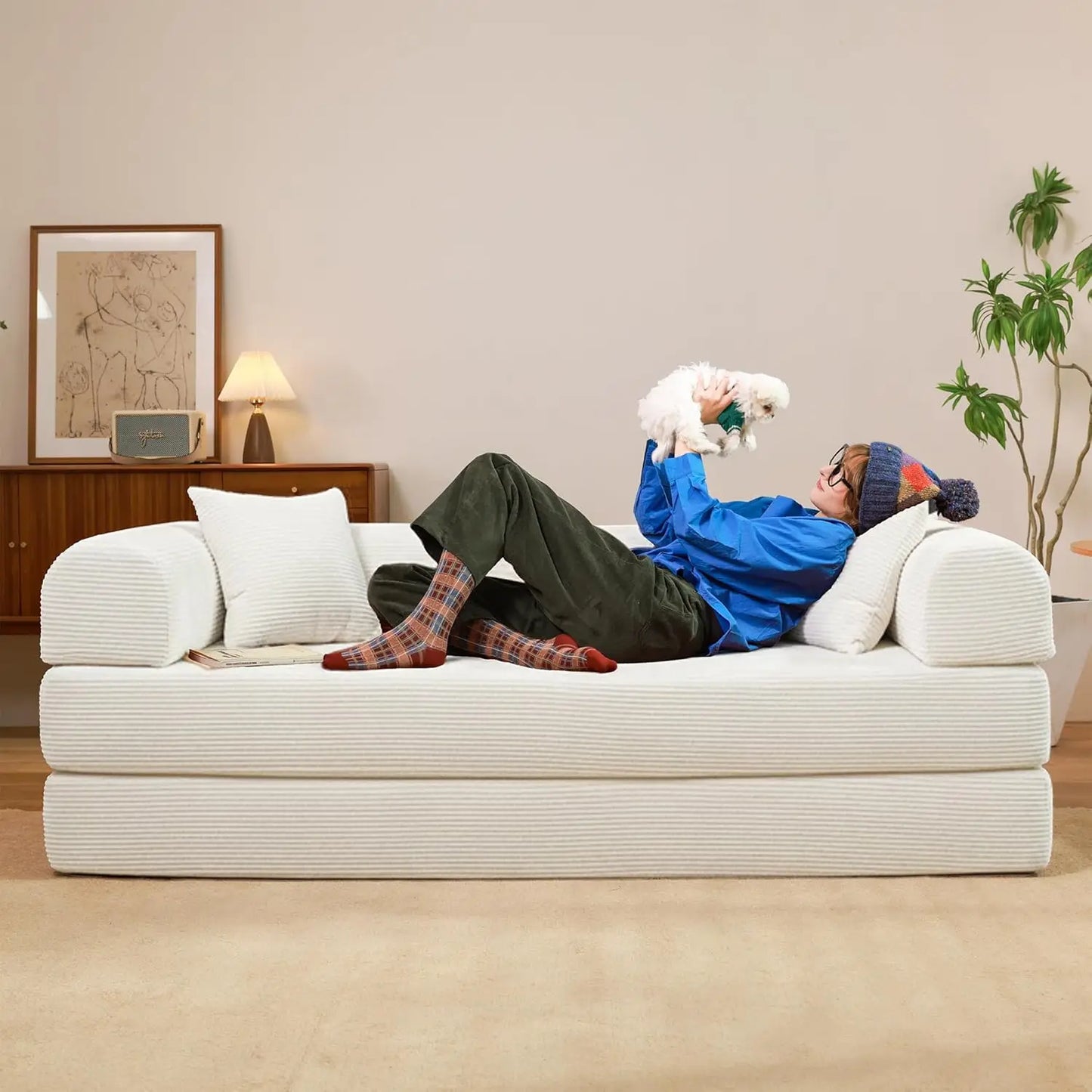 79" Boneless Corduroy Convertible Sofa Bed Foldable Memory Foam Compressed Modular Couch in a Box for Customized Comfort