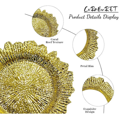 24 Pack Gold Charger Plates Round Plastic Reef Plate Chargers with Flora Reef Design Gold Chargers for Dinner Plates