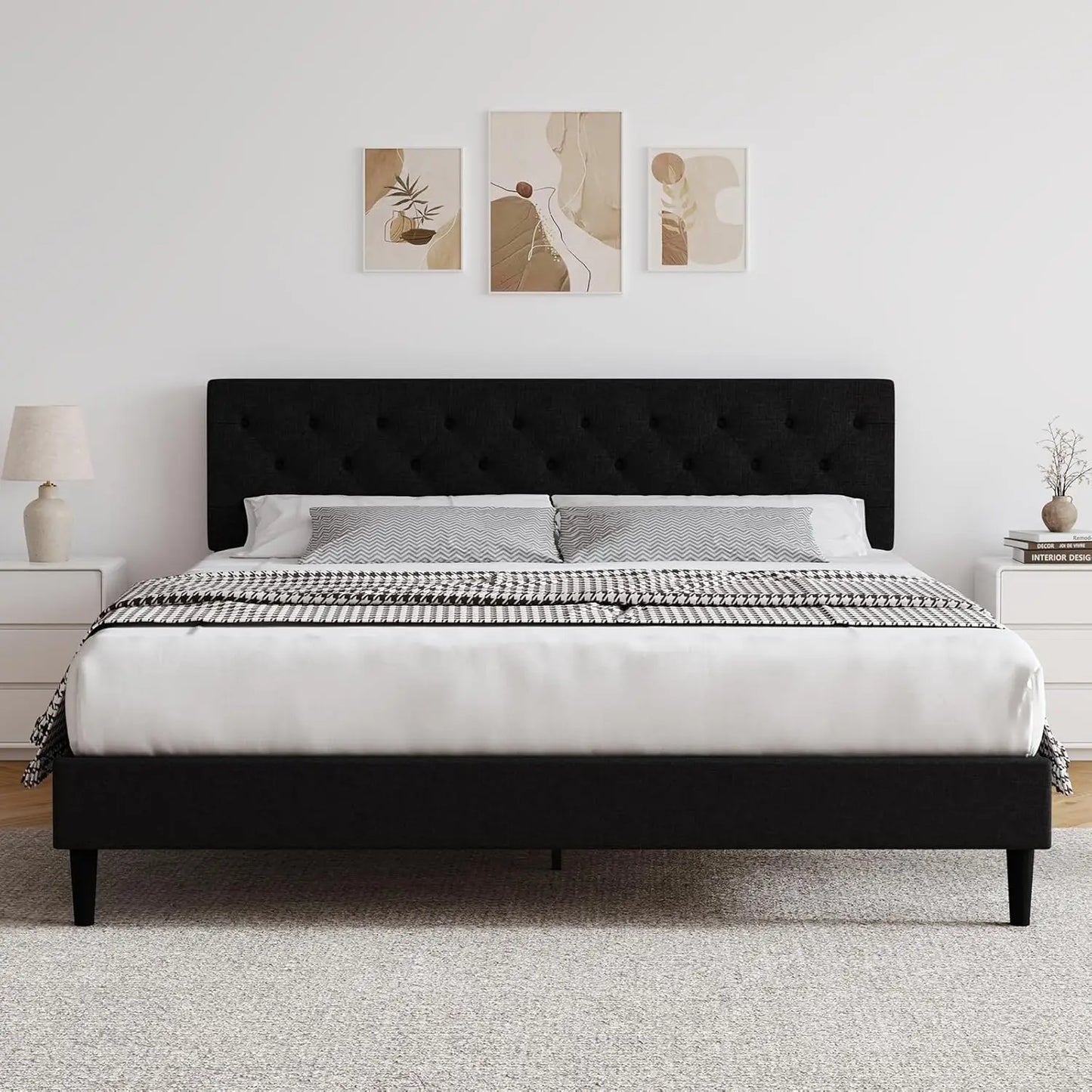 Bed Frame with Headboard, Linen Fabric Upholstered Platform Bed Frame, Button Tufted Bed Frame , Customized
