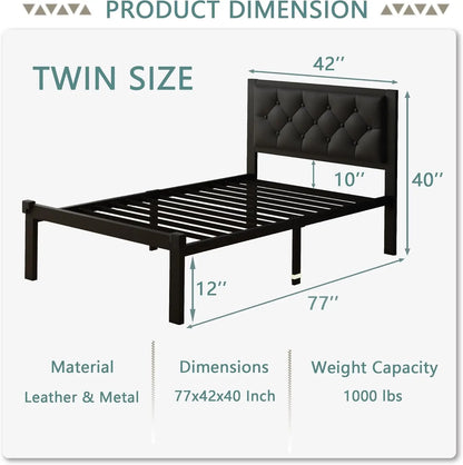 Twin Size Metal Bed Frame with Faux Leather Headboard, 12" Storage, Noise Free, Black