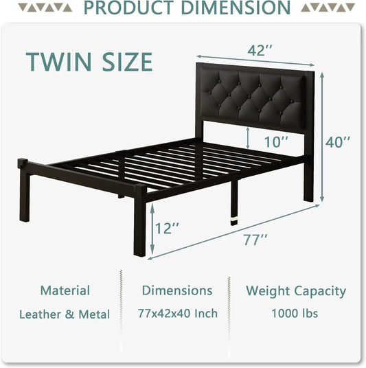 Twin Size Metal Bed Frame with Faux Leather Headboard, 12" Storage, Noise Free, Black