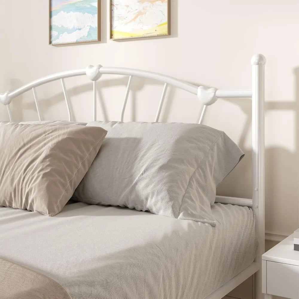 Metal Bed Frame, Bed Frame with Headboard, Heart-Shaped Decorative Headboard and Footboard, Heavy Duty Metal Slat Support