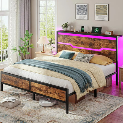 Bed Frame with Headboard,Bed Frame Queen Size with LED Lights & Charging Station & 13" Under Bed Storage, All-Metal Support