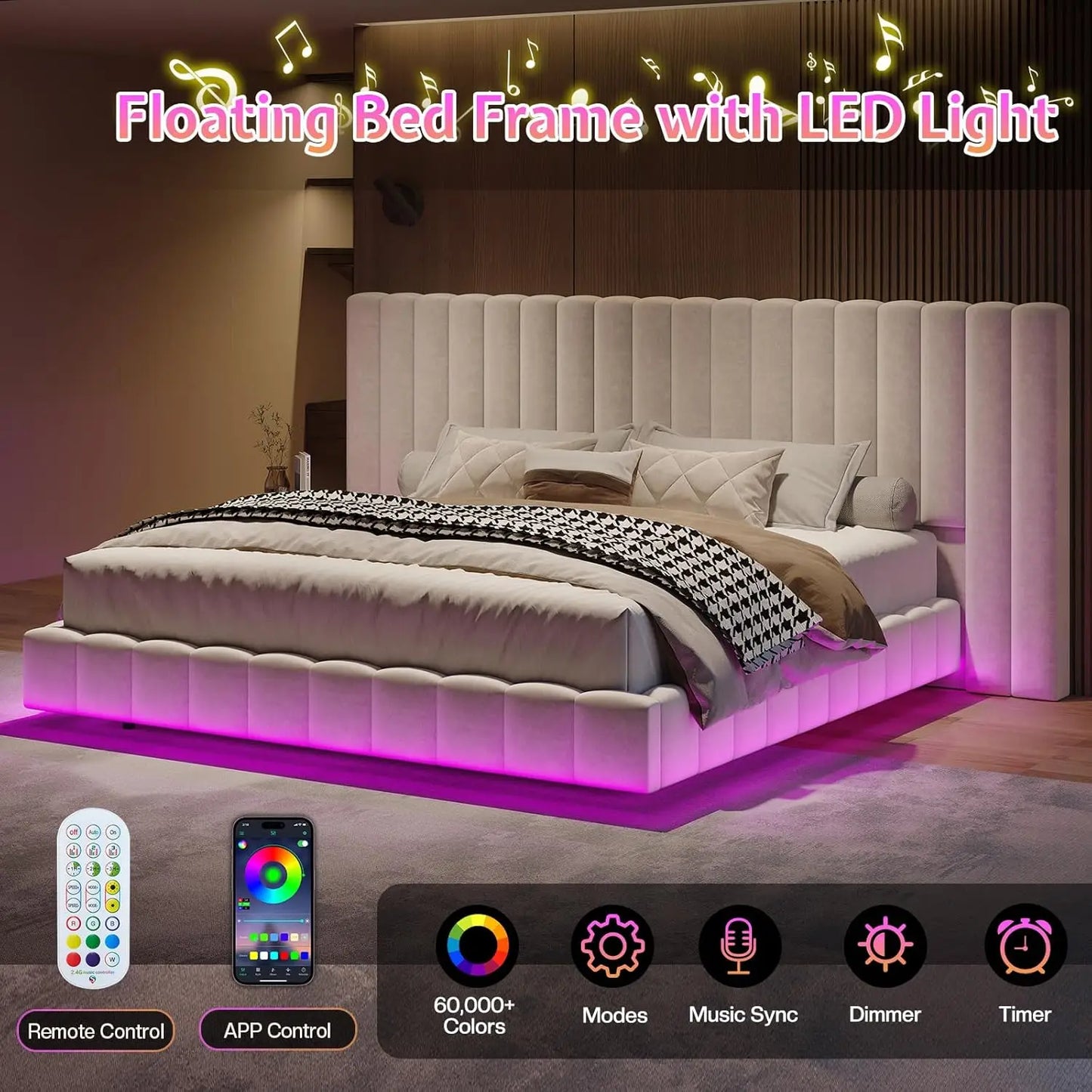 King Bed Frame with LED Lights and Upholstered Oversized Headboard, Modern Velvet Platform with Floating Design, No, Customized