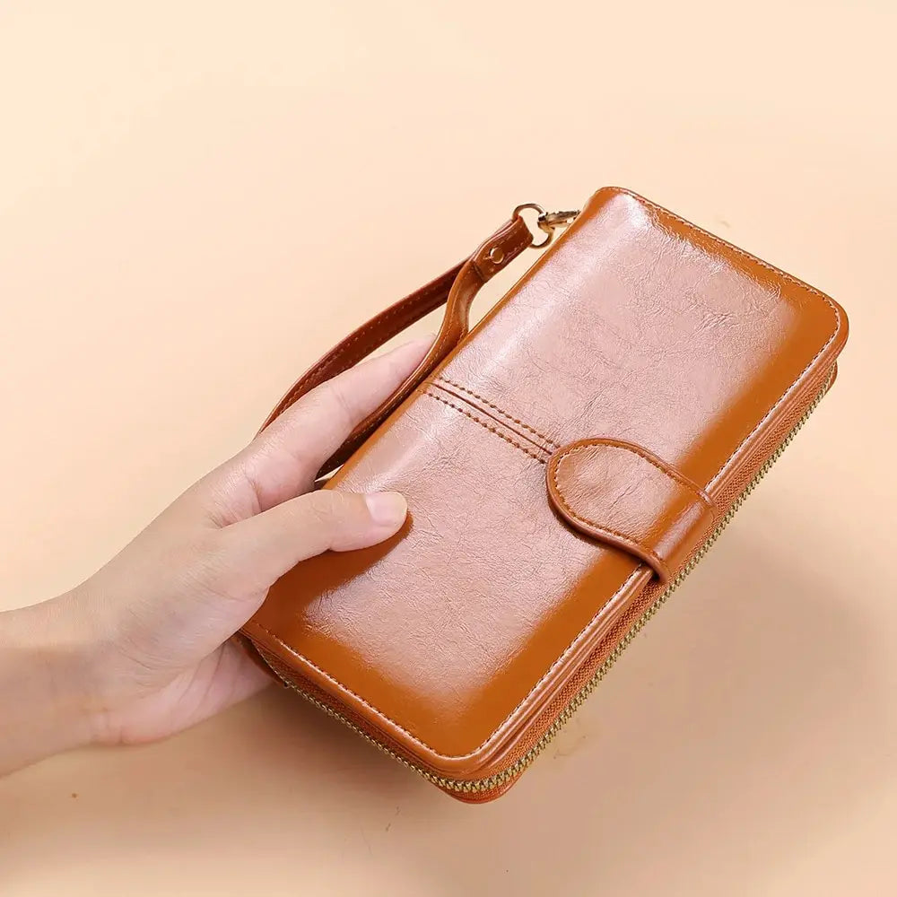 Women's Vintage Oil Wax PU Leather Clutch Wallet Female Large Capacity Phone Purse Ladies Wristband Simple Card Holder Pouch Bag