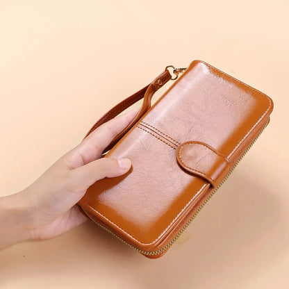 Women's Vintage Oil Wax PU Leather Clutch Wallet Female Large Capacity Phone Purse Ladies Wristband Simple Card Holder Pouch Bag