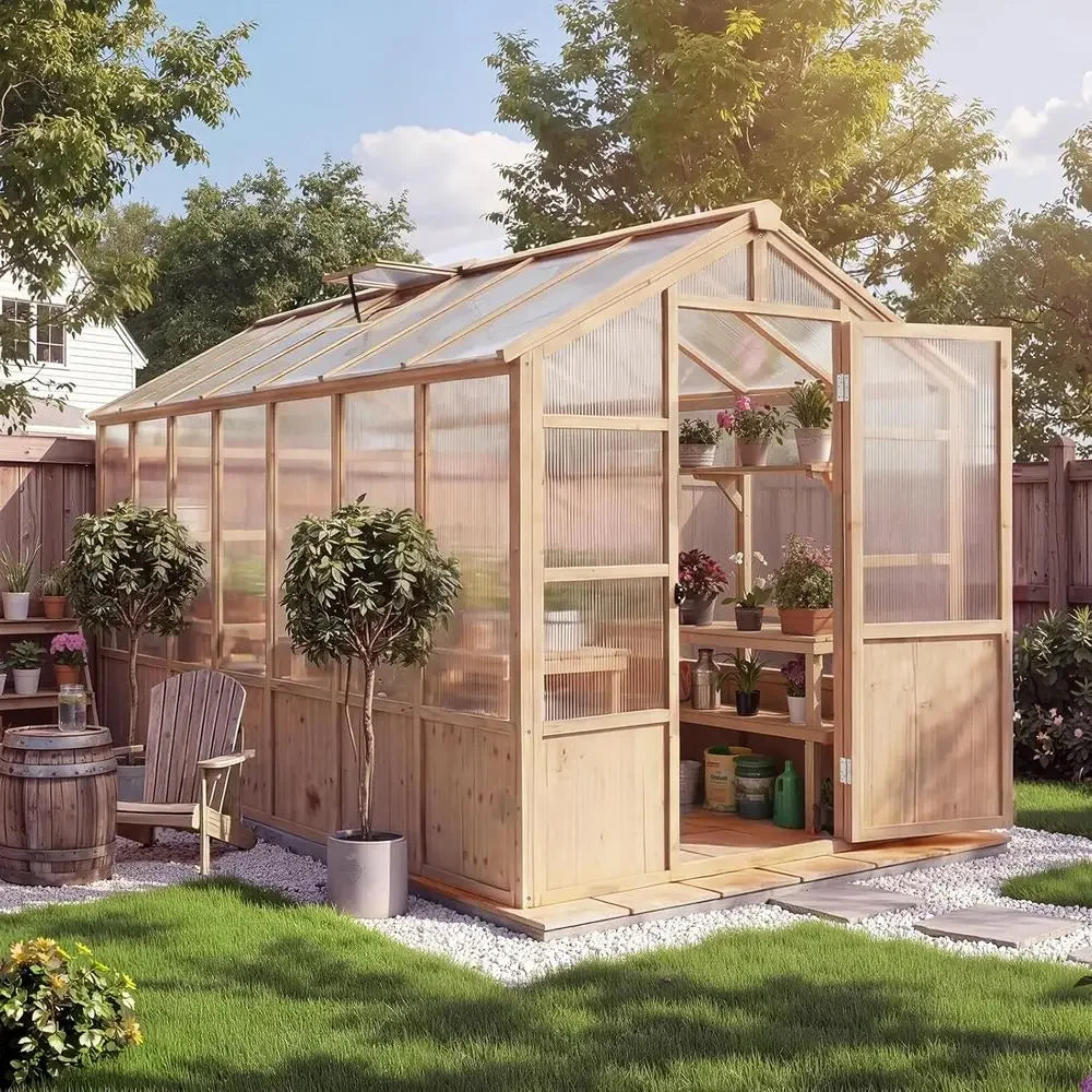 8x14 T Wooden Greenhouse or Outdoor, Walk-in Greenhouse Kit with Ventilated Window & Lockable Door & Polyte Panels, Large Wood e